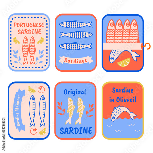 Hand drawn sardine tin illustrations. Vintage doodle style canned fish labels. Portuguese sardines, lemon olive oil seafood, retro fish packaging icons. 
Coastal Mediterranean product sketch art.