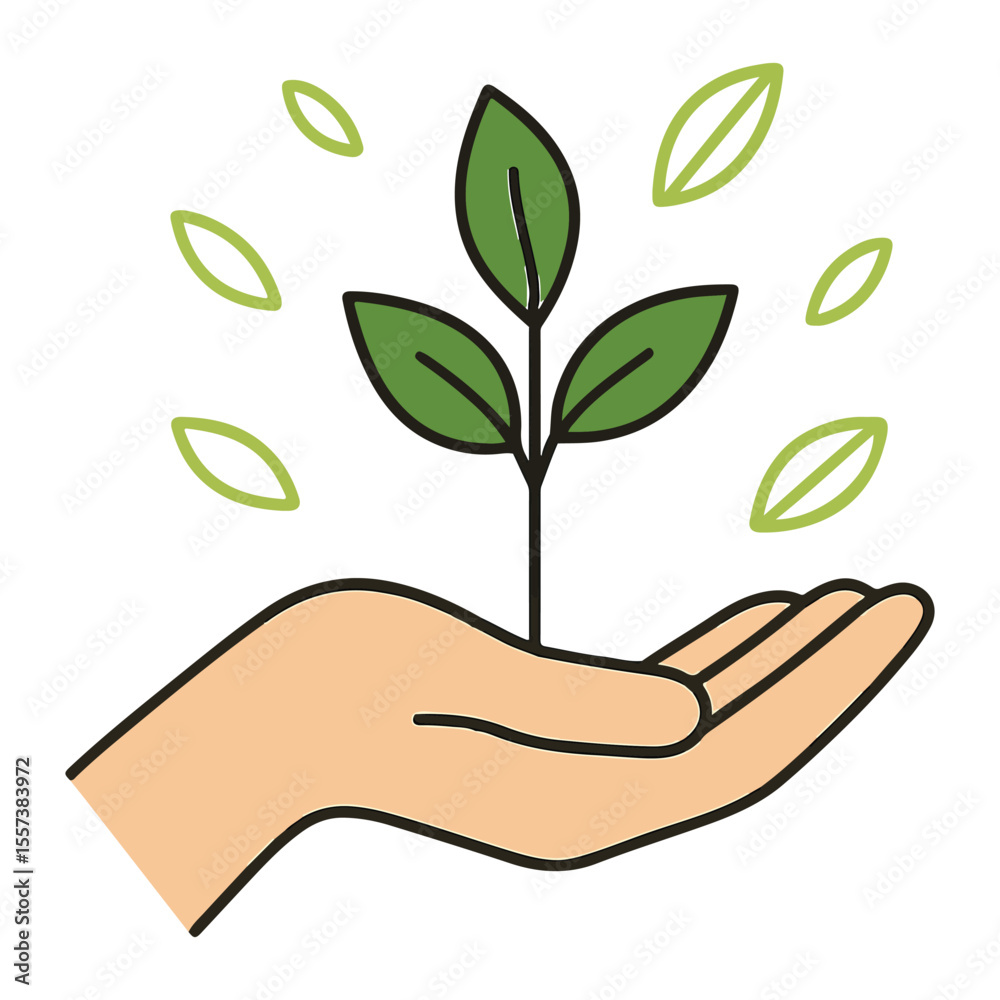 A Symbolic Representation of Growth, Nurturing, and Environmental Consciousness Depicting a Hand Gently Holding a Young Plant with Floating Leaves A Symbolic Representation of Growth, Nurturing, and Environmental Consciousness Depicting a Hand Gently Holding a Young Plant with Floating Leaves