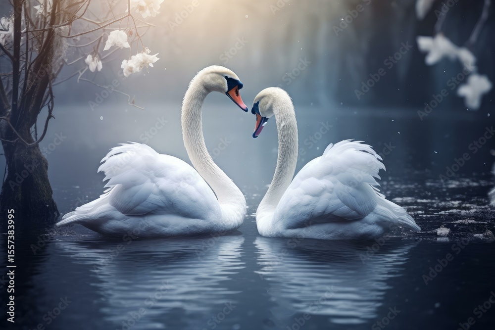 Fototapeta premium Two graceful swans form a heart shape with their necks while swimming on a misty lake