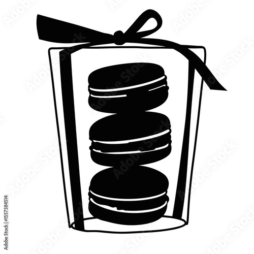 Silhouette of macaron stack with ribbon, elegant dessert gift illustration, black and white