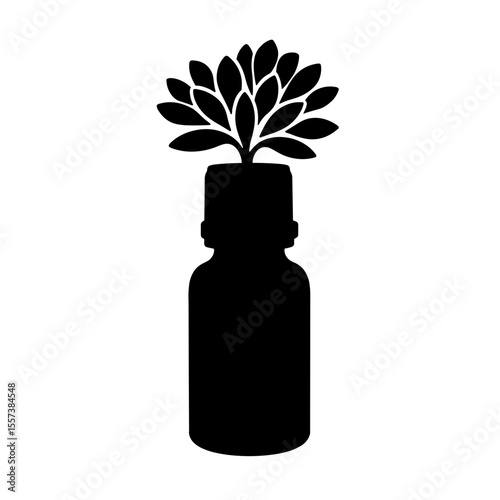 Silhouette of essential oil bottle with floral cap, aromatherapy wellness