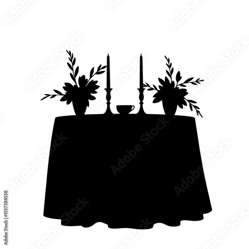 Silhouette of decorated table with candles and leaves, elegant event setup