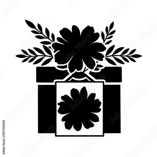 Silhouette of favor box with floral ornament and name card, event decoration elegance