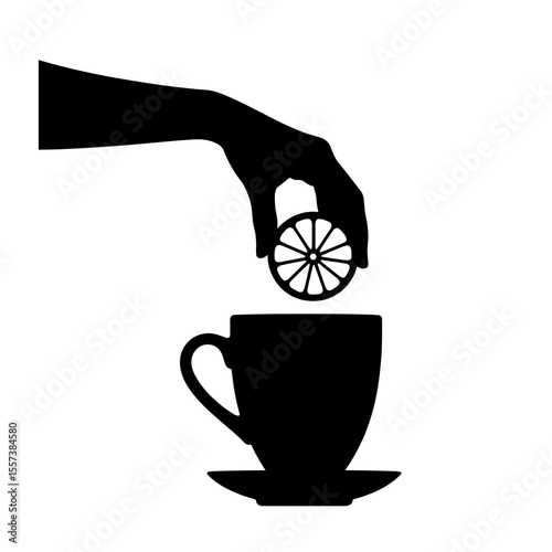 Silhouette of hand placing lemon slice in cup, citrus flavor enhancement