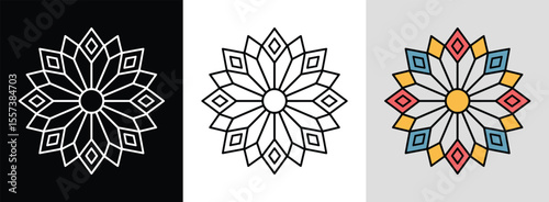 Bold radial mandala with intersecting lines and vibrant diamonds for dynamic decor.