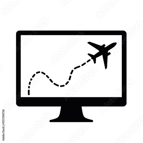 Airplane icon with travel path on monitor, digital journey visualization
