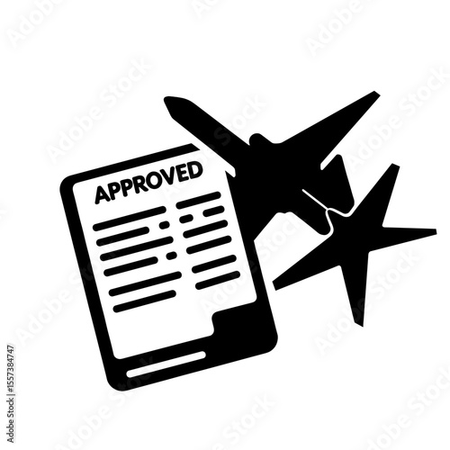 Silhouette of airplane and approved visa document, travel authorization clearance
