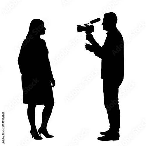 Silhouette of man filming woman with camera and boom mic, audio visual recording