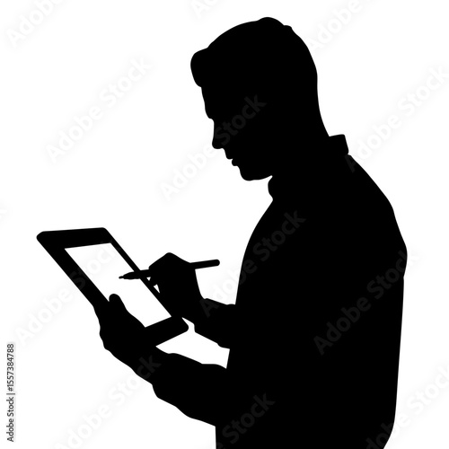 Silhouette of a person using stylus on tablet, digital design creativity