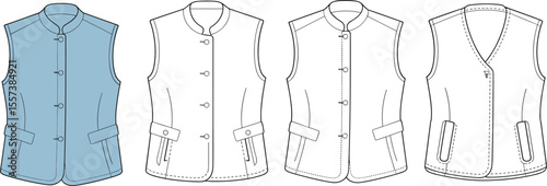 CAD drawing flat vector illustration of men’s sleeveless vests, front and back views, flap pockets, structured seams, utility style, fashion sketch layout, garment design template