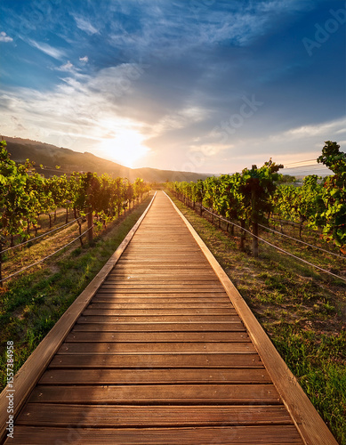 Wallpaper Mural Wooden boardwalk stretching into scenic vineyard under warm sky Torontodigital.ca