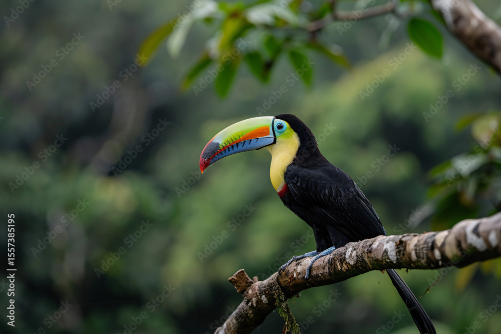 Fototapeta premium Colorful toucan perched on a branch in a lush green forest, showcasing its vibrant beak.