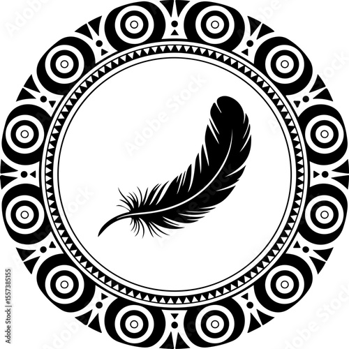 Black feather tribal circle design white