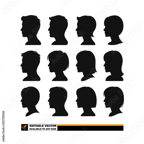 Fifteen black silhouette profiles of people with various hairstyles on a white background in a pattern
