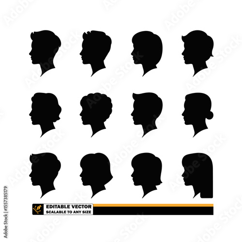 Fifteen black silhouette profiles of people with various hairstyles on a white background in a pattern
