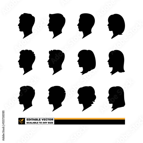 Fifteen black silhouette profiles of people with various hairstyles on a white background in a pattern

