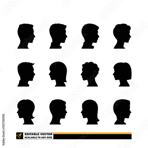 Fifteen black silhouette profiles of people with various hairstyles on a white background in a pattern
