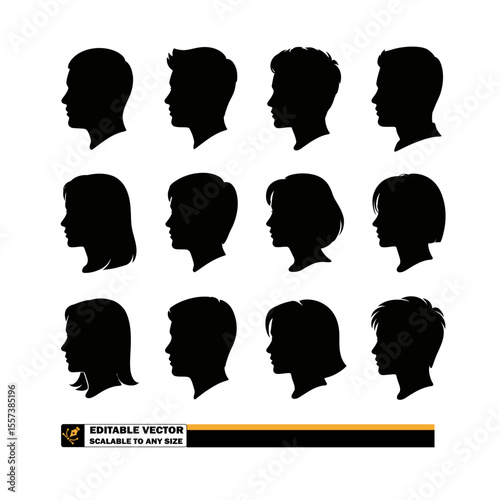Fifteen black silhouette profiles of people with various hairstyles on a white background in a pattern
