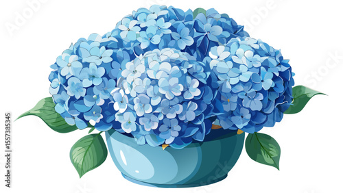 Close-up of pale blue hydrangea blossoms in a round pot, clusters of small flowers form a soft sphere, each petal catching light subtly, elegant freshness on a clean white backdrop.

