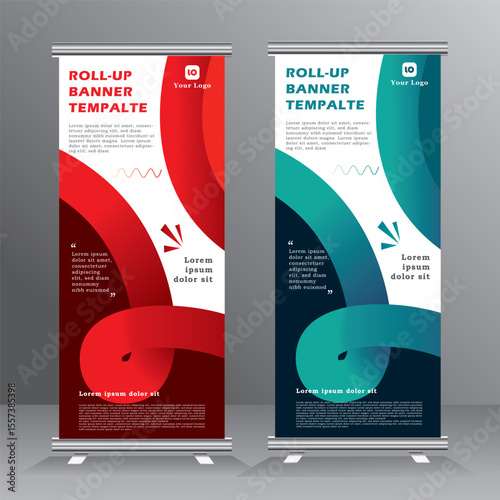 Mordern Roll Up Banner template vector illustration, vertical roll up banner with red and blue color, geometric, background, standy design , display, advertisement, pull up banner,