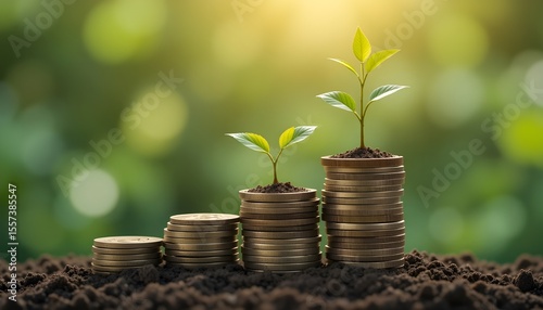 A pile of coins topped with a small green plant, representing the concept of sustainable investment and growth.
