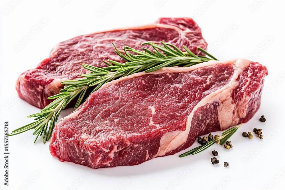 Fresh raw beef steaks with rosemary sprigs on white background Generative AI Fresh raw beef steaks with rosemary sprigs on white background Generative AI
