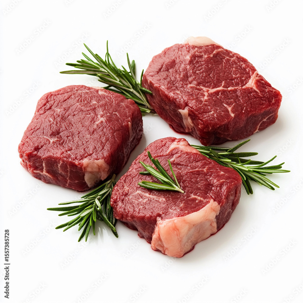 Raw beef steaks with fresh rosemary sprigs on white background Generative AI Raw beef steaks with fresh rosemary sprigs on white background Generative AI