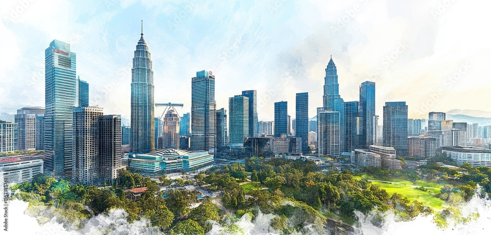 Naklejka premium Panoramic cityscape, modern skyscrapers, lush greenery