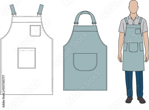 CAD drawing flat vector illustration of apron design, front and back views, garment construction layout, utility pocket detailing, fashion template, technical clothing sketch, apparel vector