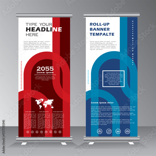 Mordern Roll Up Banner template vector illustration, vertical roll up banner with red and blue color, geometric, background, standy design , display, advertisement, pull up banner,