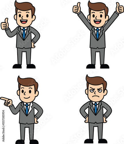 Confident Businessman Cartoon Character Poses: Thumbs Up, Arms Raised, Pointing, and Angry Expressions for Business Concepts, Success, and Communication