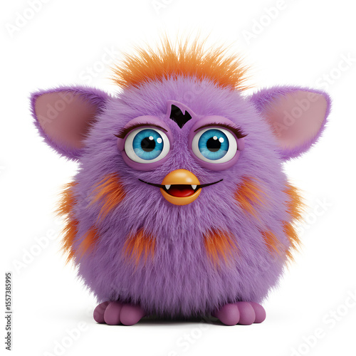 Adorable Cartoon Fluffy Teal Creature with Big Blue Eyes and Horns Isolated