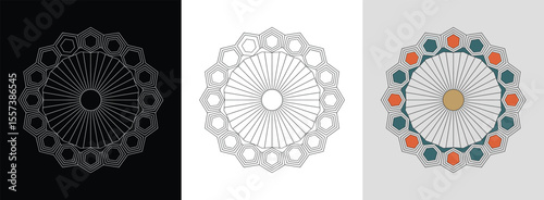 Geometric sunburst mandala with circular rings and angular polygons for vibrant decor.