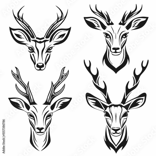Vector set of deer head silhouettes with antlers, perfect for nature and wildlife designs, including reindeer for Christmas illustrations