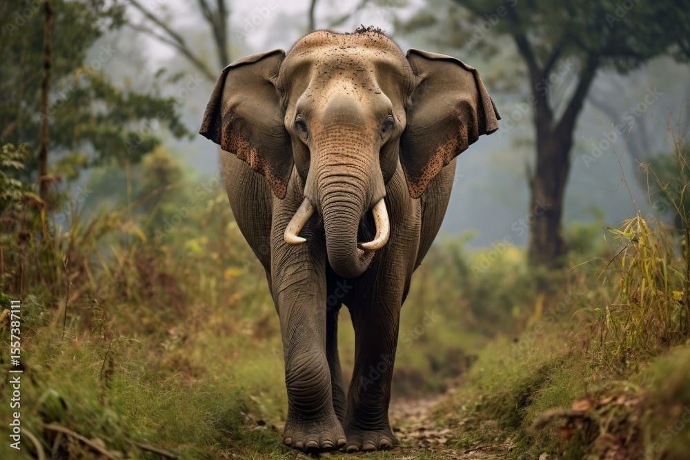 Fototapeta premium Majestic elephant with large tusks striding confidently through its natural habitat, a dense, vibrant green forest
