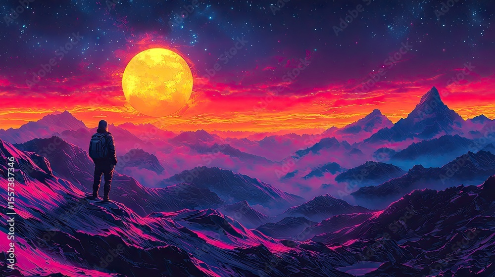 Fototapeta premium A solitary figure gazes at a vibrant mountain range beneath a large moon.