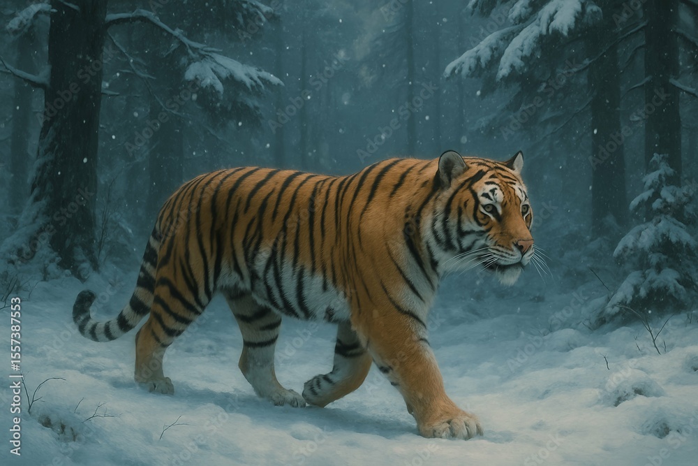 Obraz premium Bengal Tiger Stalking Through Snowy Forest – Majestic Wildlife in Winter Landscape, Symbol of Power and Grace in Nature 