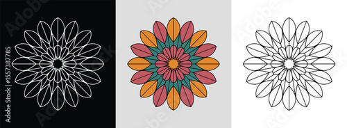 Mandala with layered tulip petals and bright geometric fills for striking floral decor.