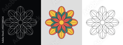 Mandala with symmetrical daffodil petals and vibrant geometric accents for floral decor.