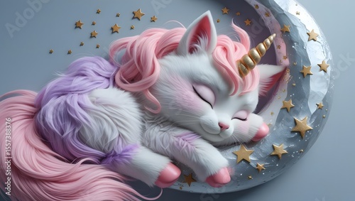 Dreamy Unicorn Kitten's Slumber: A serene unicorn kitten, a whimsical blend of fantasy and charm, sleeps soundly. nestled on a crescent moon adorned with stars.
