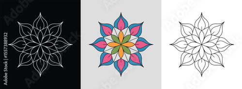 Meditation star lotus mandala with points and vibrant hues for serene decorative art.