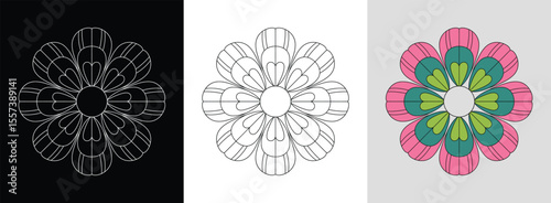 Orchid-inspired mandala with symmetrical petals and vibrant geometric fills for floral decor.