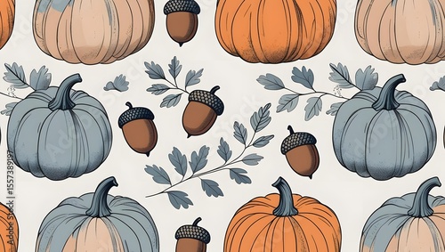 Autumn Harvest Pattern: A charming autumnal pattern featuring pumpkins and acorns, perfect for seasonal designs.