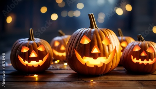several halloween pumpkins with blinking lights