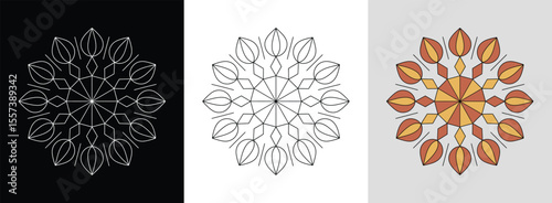 Pentagon star mandala with diamond shapes and lotus petals for vibrant decorative art.