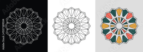 Radiant arrowhead mandala with hexagons and interlocking triangles for bold decor.