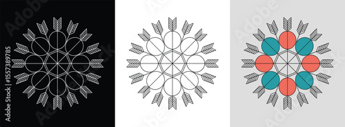 Radiating hexagon mandala with arrowheads and overlapping circles for vibrant decor.