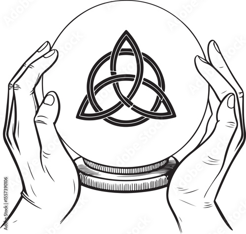 Magic crystal ball with Triquetral or Trinity knot in hands of fortune-teller Vector Illustration, Sketch Drawing Line Linear Symbol Icon Engraving Coloring Book, Hand-drawn Black and White Isolated