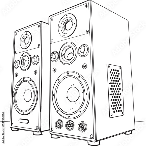 Speakers Speakers Vector Illustration, Sketch Drawing Line Linear Symbol Icon Engraving Coloring Book, Hand-drawn Black and White Isolated