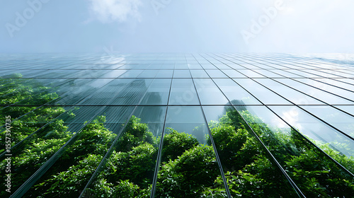 Modern office building exterior with green trees. Eco-friendly sustainable architecture, urban greening. City business district with environment, eco-friendly design, promoting corporate environment.